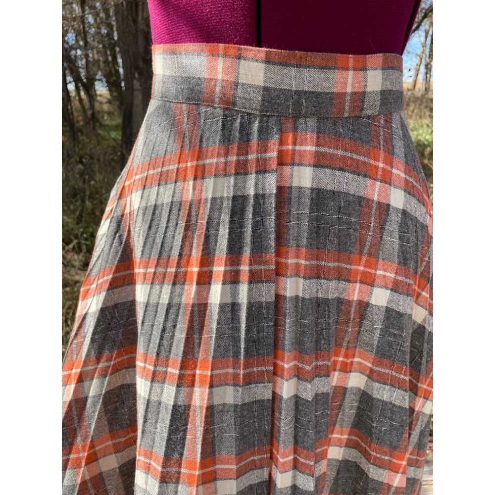 Vintage 1970s Wool Blend Plaid Pleated Skirt Gray Orange Size M - Picture 9 of 11